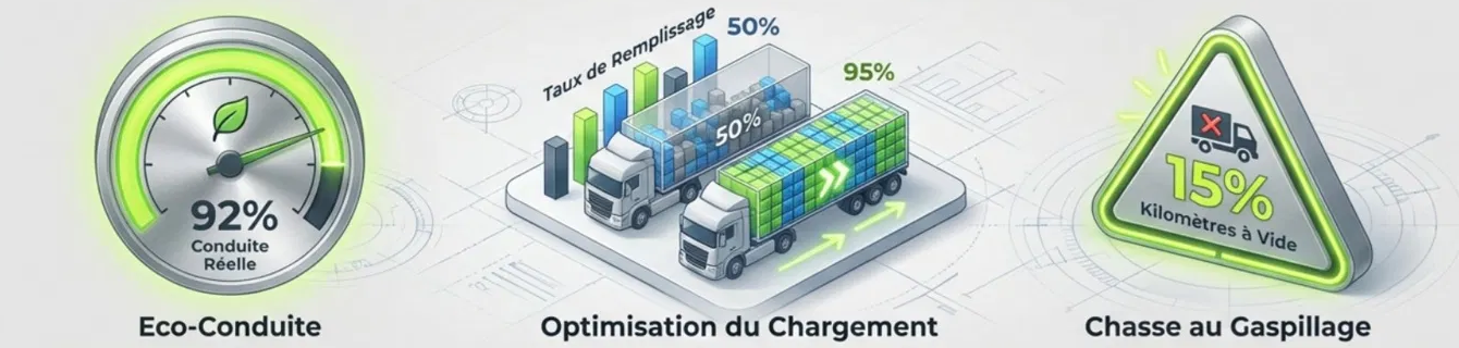 Trois indicateurs : éco-conduite 92 %, taux de remplissage 50 → 95 %, kilomètres à vide 15 %