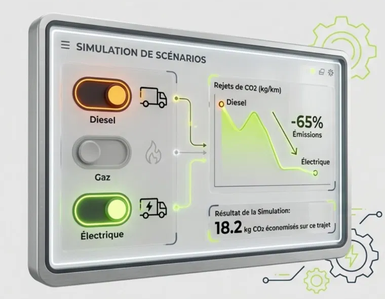 Interface de simulation de scénarios : diesel, gaz, électrique et rejets de CO₂ comparés