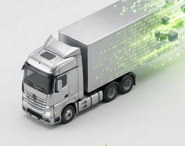 Camion connecté émettant un flux de données numériques vertes — mesure des émissions