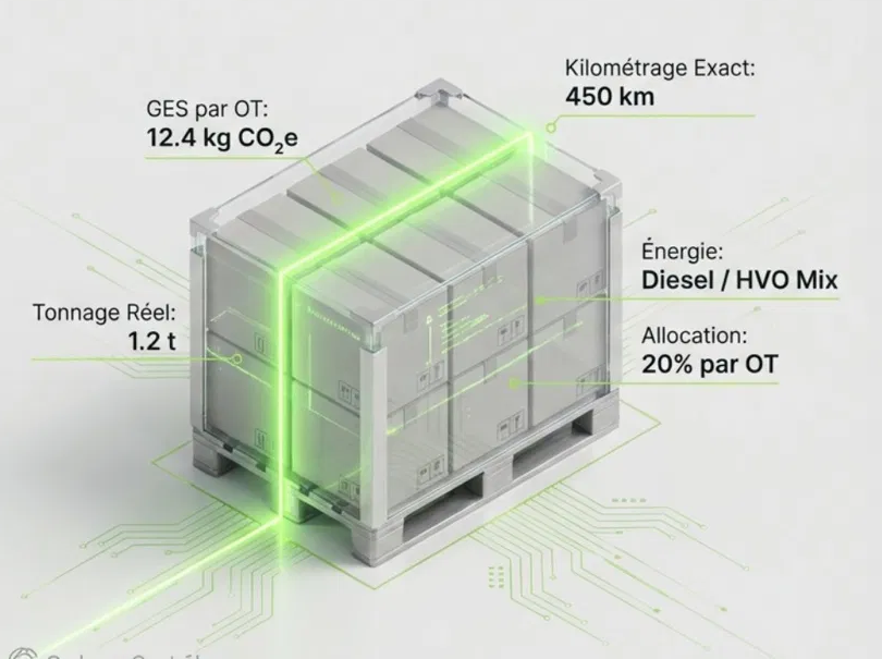 Palette de fret avec mesures par OT : 12,4 kg CO₂e, 450 km, 1,2 t, Diesel/HVO, 20 % d'allocation